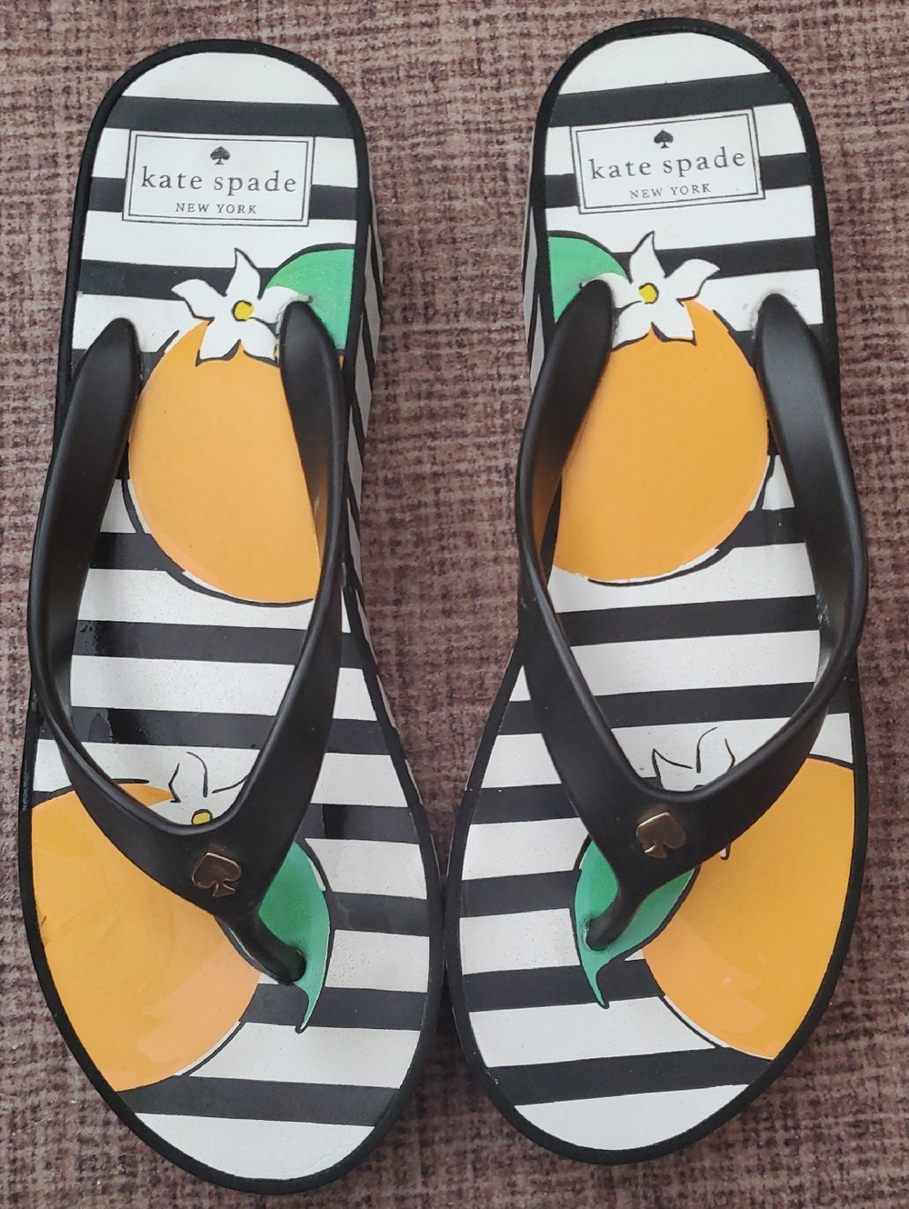 kate spade striped citrus flip flops in black, white, orange & green